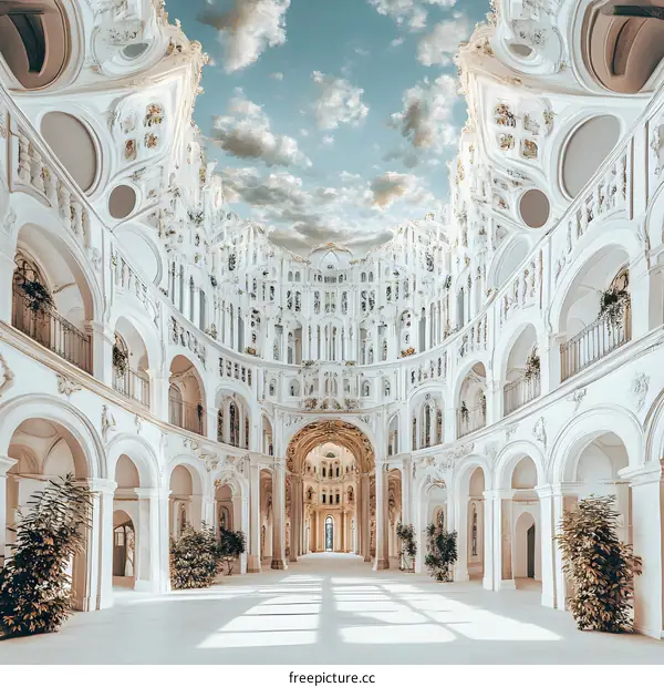 White Marble Hallway with Archways and Skylight
