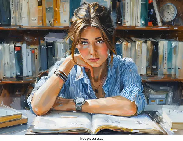 Portrait of a beautiful young woman in a library