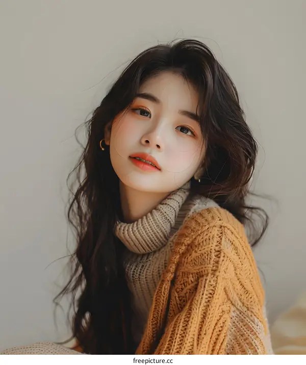 Portrait of a Young Asian Woman with Long Hair Wearing a Beige and Brown Knitted Sweater