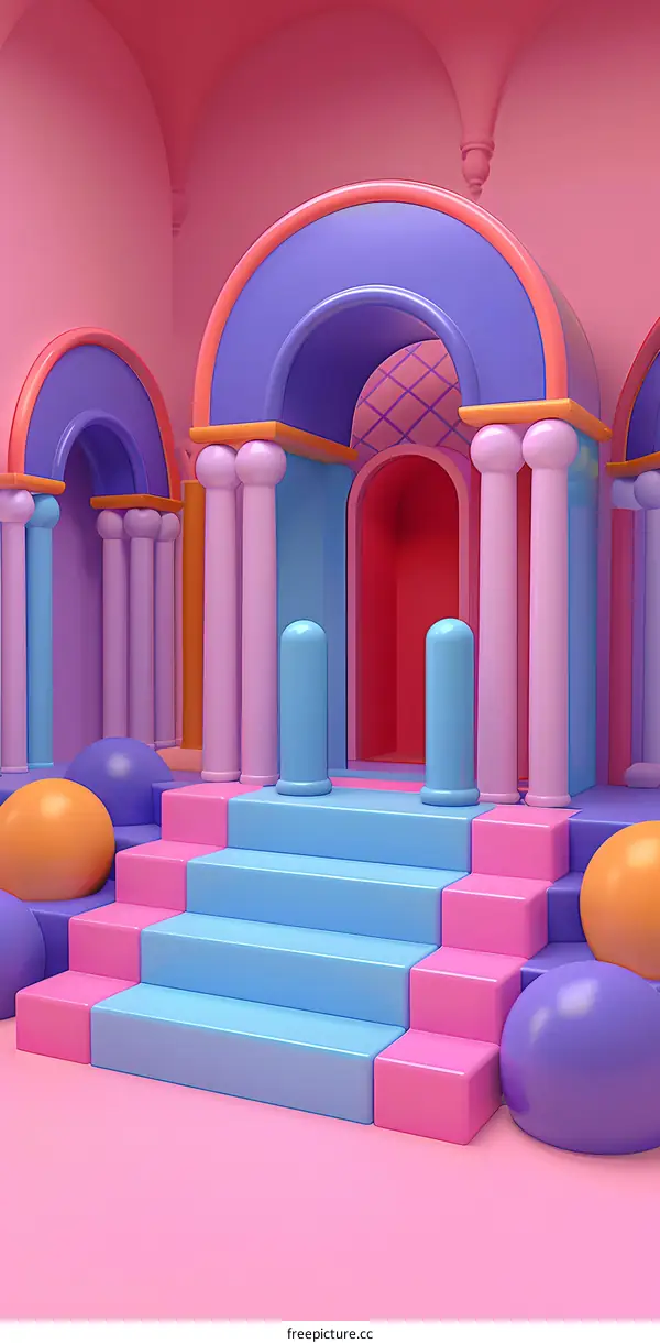 3D Cartoon Rendered Abstract Archway With Colorful Stairs And Columns