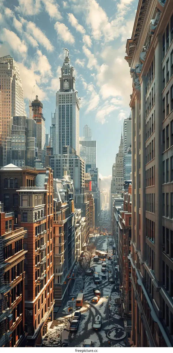 Snowy City Street Aerial Perspective