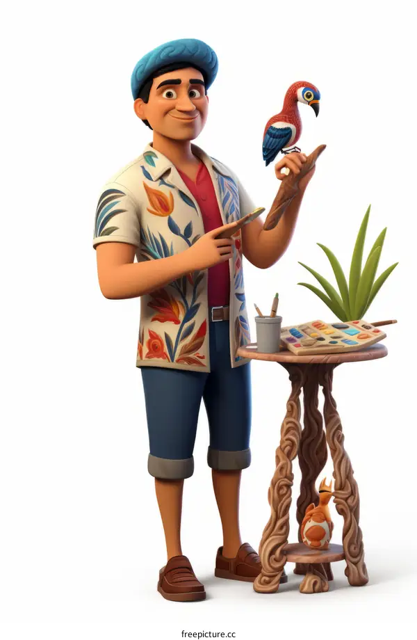 An artist painting a parrot while a squirrel looks on