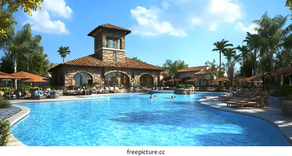 Luxury Resort Pool with Stone Building and Palm Trees