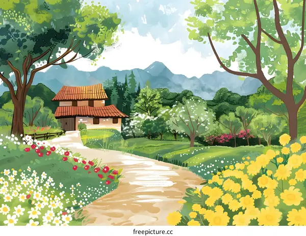 Beautiful Spring Landscape Painting With House And Mountains