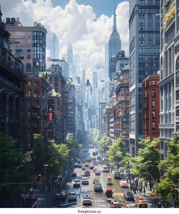City street with heavy traffic and pedestrians crossing the road