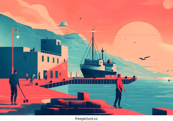 Sunset on the Harbor  with  People Walking Near a Ship