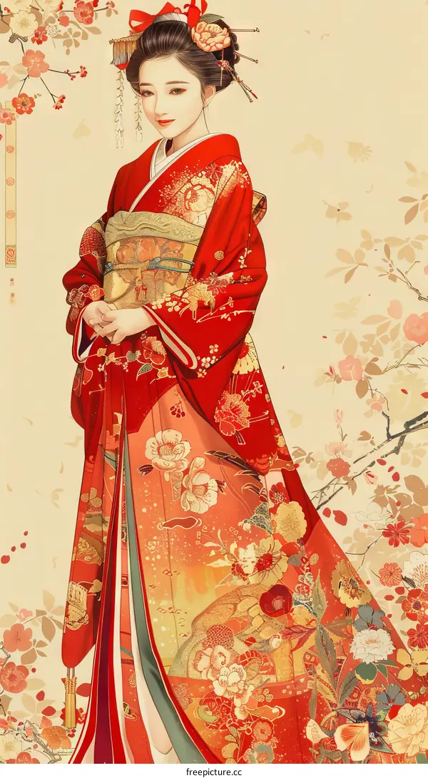 Beautiful Japanese Woman in Traditional Kimono with Cherry Blossoms