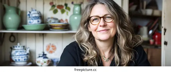 Woman in Glasses Smiling in Front of a Kitchen Cabinet