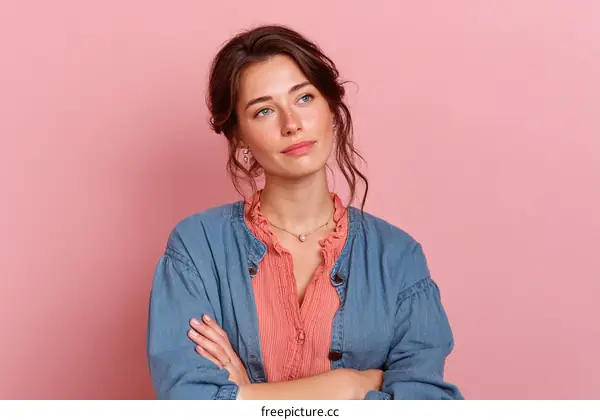 Woman in a Stylish Denim Jacket and Coral Blouse against a Pink Background