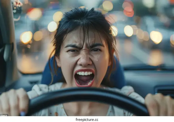 A woman is driving a car and she looks very angry