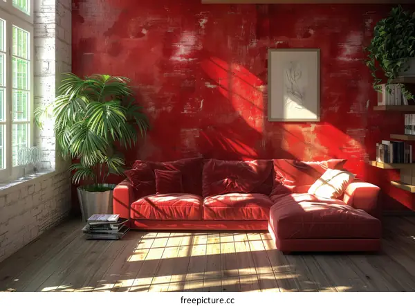 Red Velvet Sectional Sofa in a Sunlit Interior