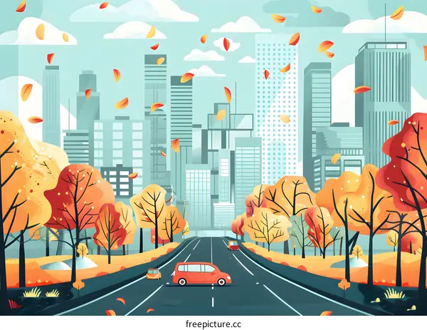 Autumn Cityscape with Trees and Cars on a Road