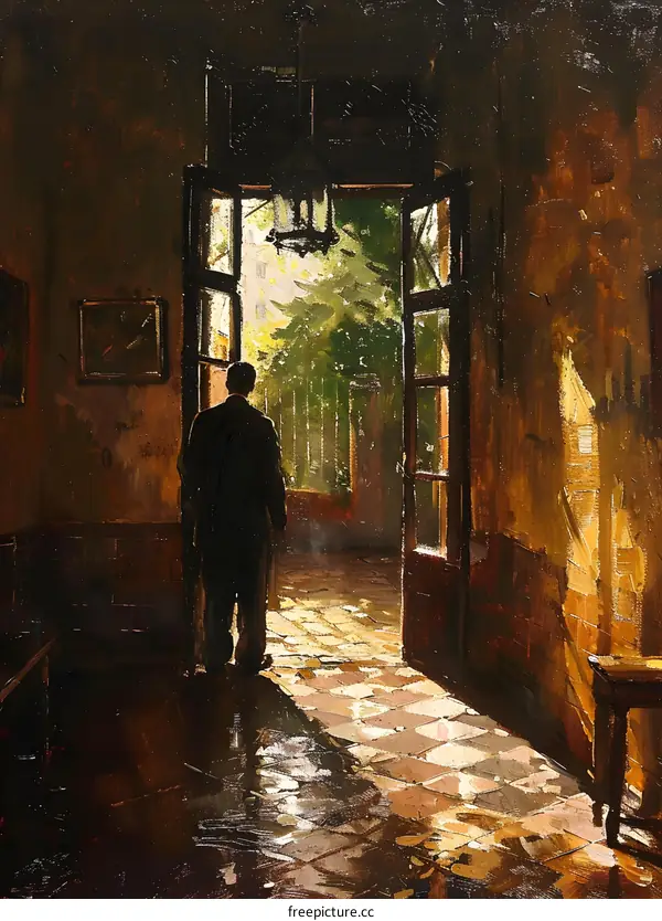 Man looking out into a sunlit courtyard