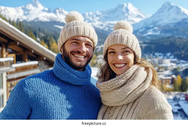 Couple enjoying a snowy mountain view