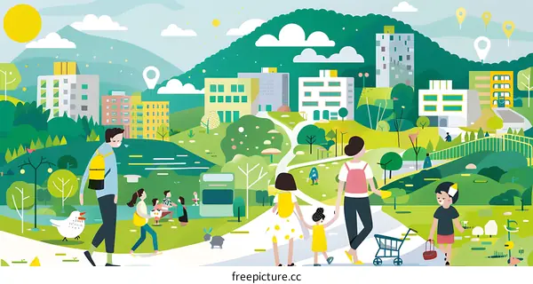 Family Walking in a Park with Green Buildings and Trees