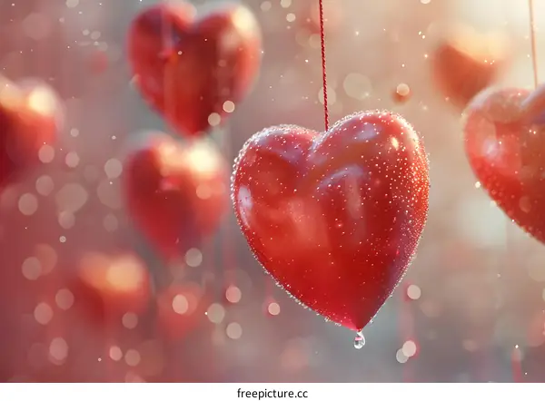 Red heart-shaped balloons floating in the rain