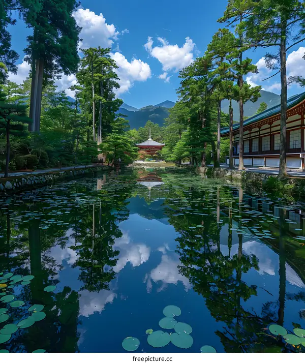 Tranquil Japanese Garden with Pagoda Reflection