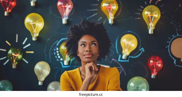 pensive young woman with light bulbs around her head