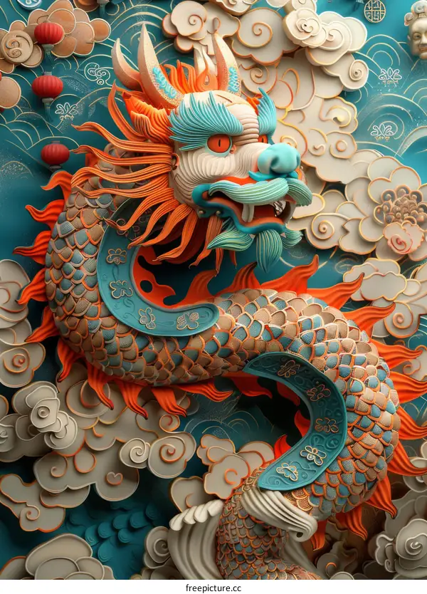 3D rendering of a colorful Chinese dragon sculpture with clouds