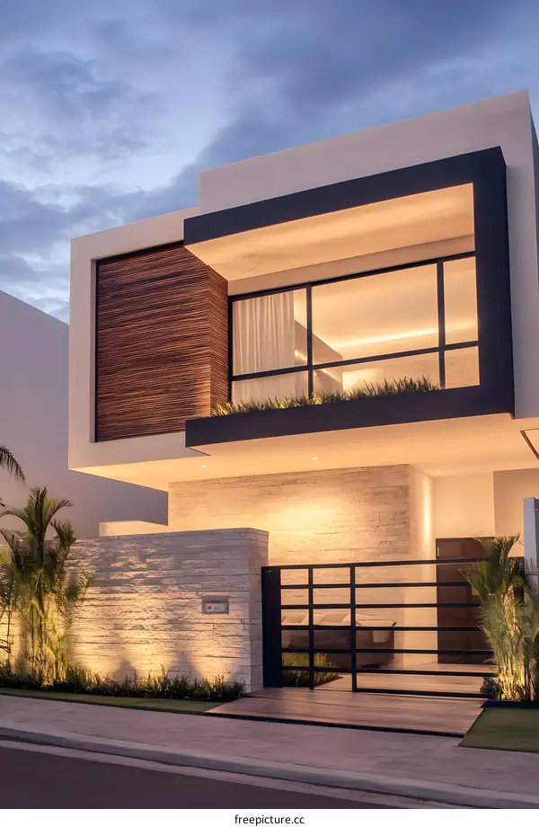 Modern House with Stone Wall and Metal Gate