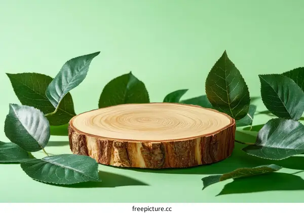 Wooden Slice Display Stand with Green Leaves