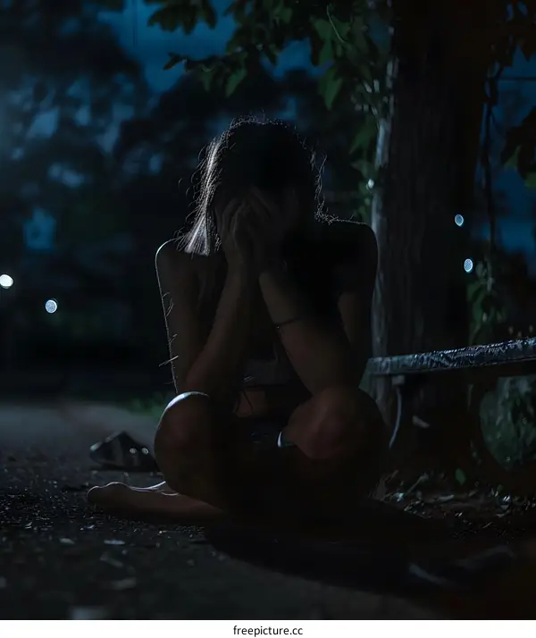 Silhouette of a Woman Sitting Alone on a Bench in the Darkness