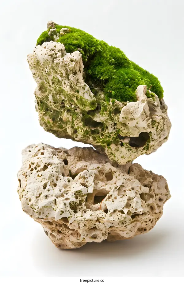 Green Moss On Stacked Rocks With White Background