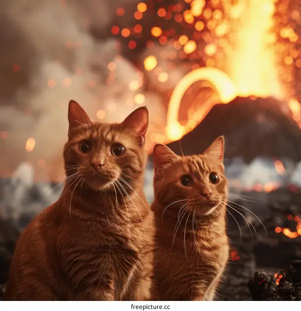 Two orange cats sitting in front of a volcanic eruption