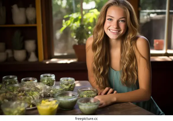 Close-up portrait of a smiling young woman with long blond hair sitting at a table full of jars of food