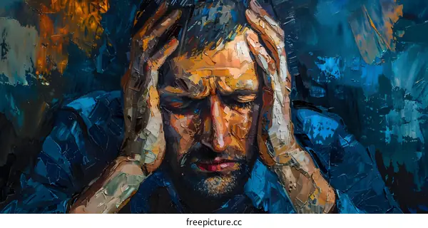 A man is holding his head in his hands and looks like he is in pain