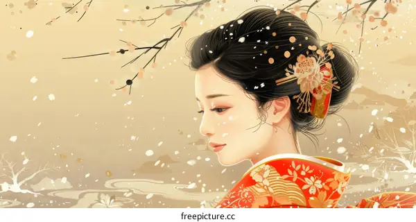 A beautiful Japanese woman in a red kimono standing in a snowy forest