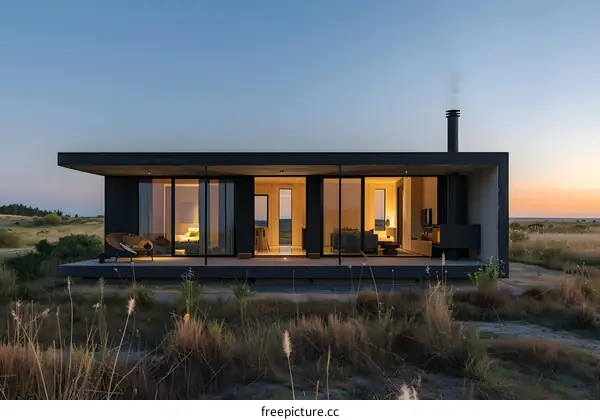 Modern Minimalist House Design with Large Windows and a Sunset View