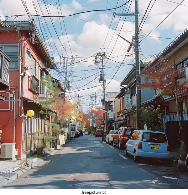 A narrow street in Japan with traditional houses and cars parked on either side