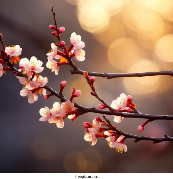 Close-up image of a cherry blossom branch with delicate pink and white flowers against a blurred background