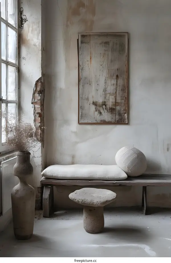 Rustic Interior Design With Stone Stool And Bench