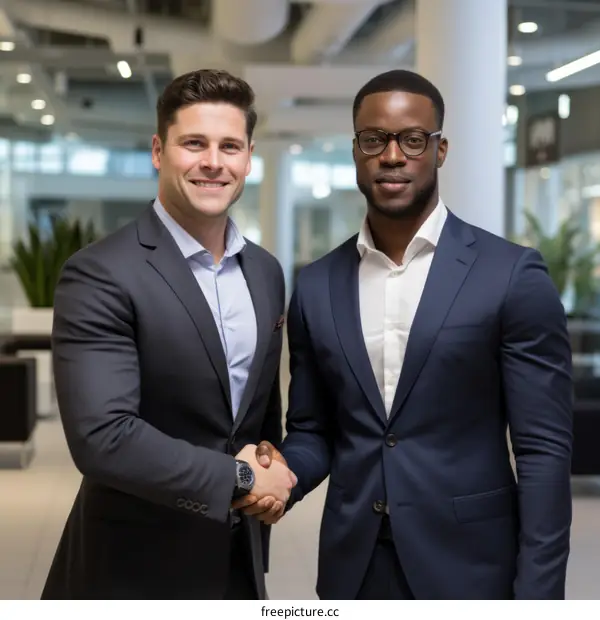 Two businessmen of different ethnicities shaking hands in an office building
