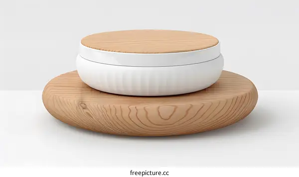 White Ceramic Jar With Wooden Lid and Base