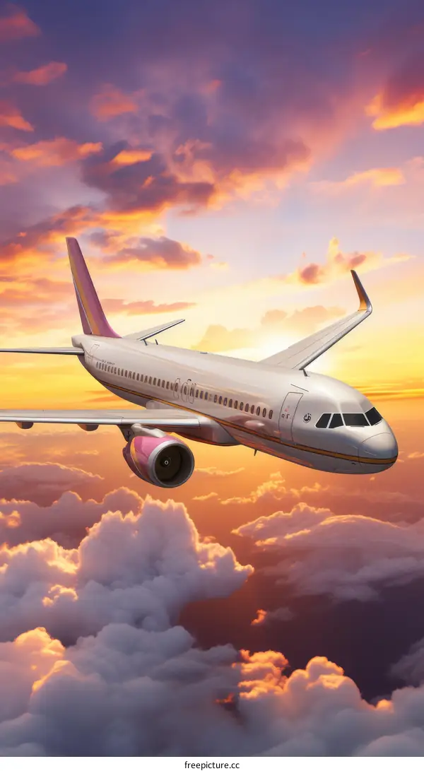 airplane flying over clouds at sunset