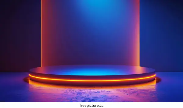 Blue and orange glowing empty stage podium with spotlight