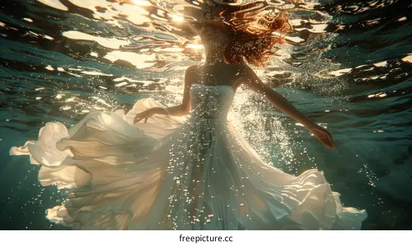 An underwater photo of a woman in a white dress
