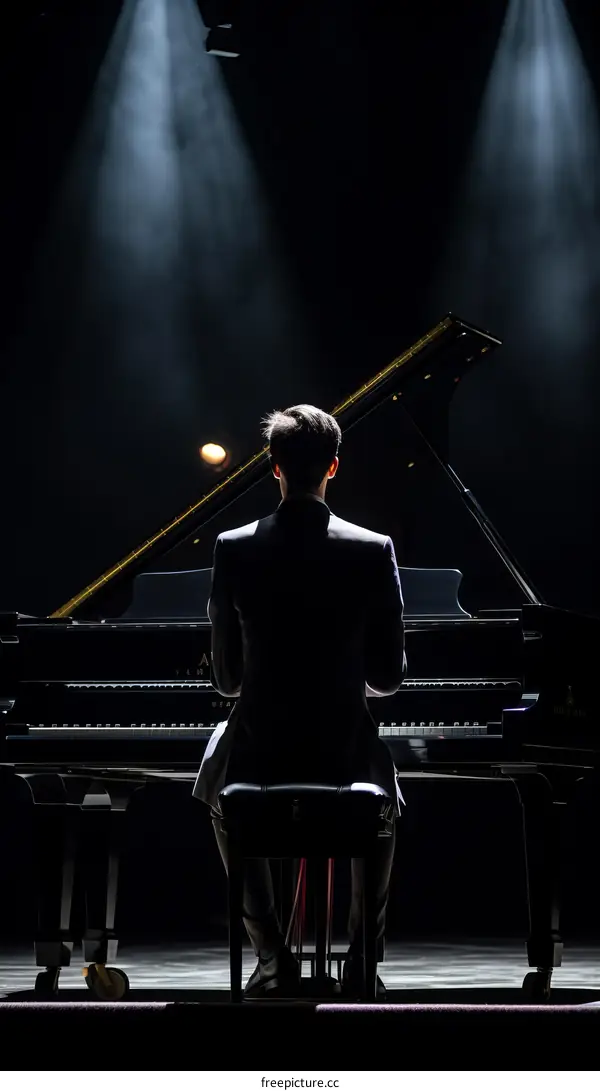 Man playing piano on stage with spotlight