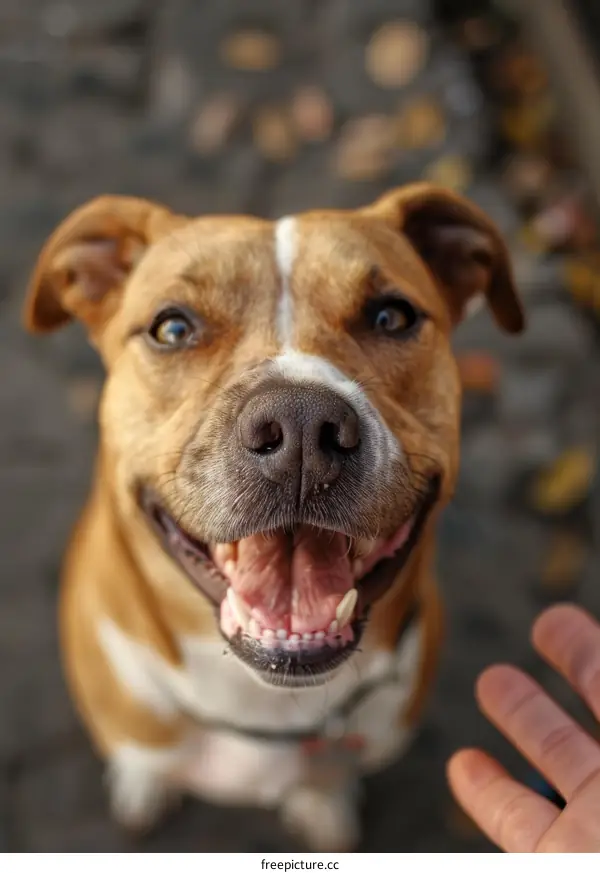 Happy Brown and White Pit Bull Looking Up