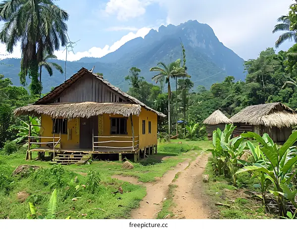 Tropical Hut with Mountains in the Background