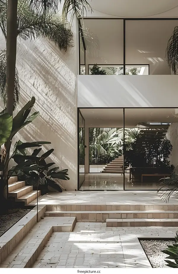 Modern Minimalist Architecture Home Interior Design With Stone Patio and Green Plants