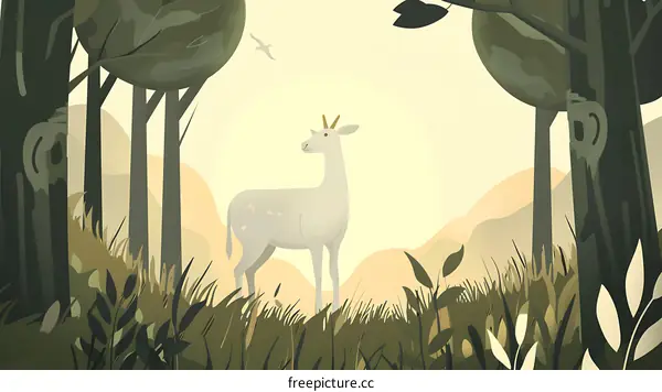 White Deer In The Forest With Bird Flying