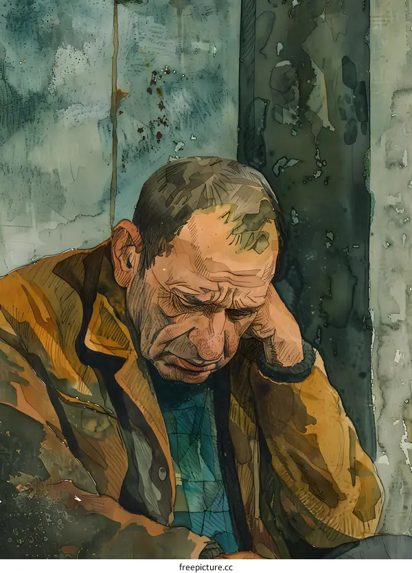 Aquarelle portrait of a sad man