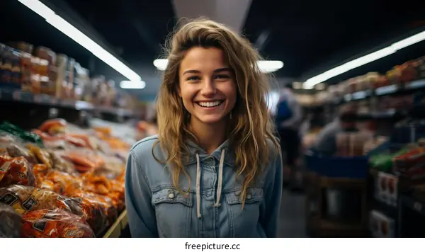Portrait of a happy young woman with long blond hair in a grocery store