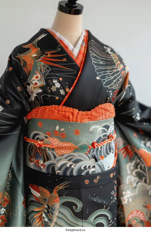 A kimono with a pattern of cranes and waves