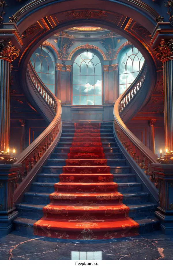 Opulent Stairway Adorned with Crimson Carpet