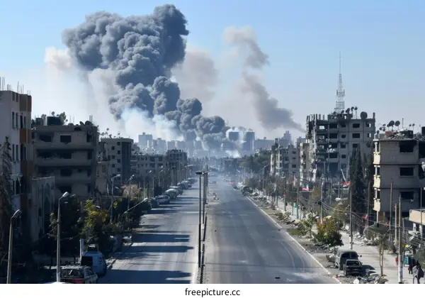 Destroyed city street with smoke in the background
